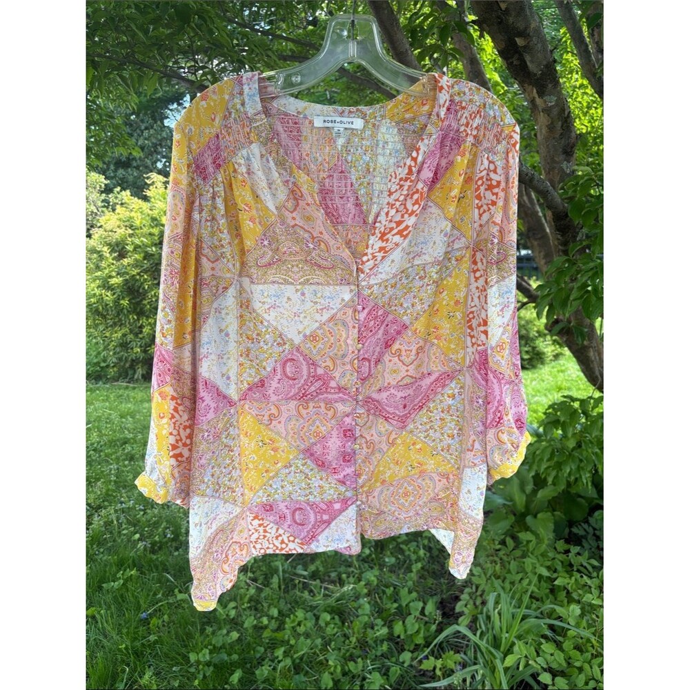 Rose & Olive Pink and Yellow Patchwork V-Neck Blouse